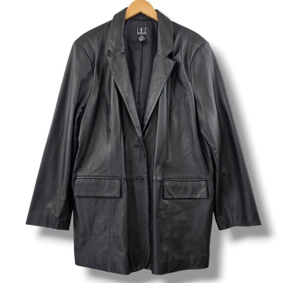 INC Genuine Leather Coat Black Jacket Womens Size 24W Pockets 2 Button Classic - Picture 1 of 14